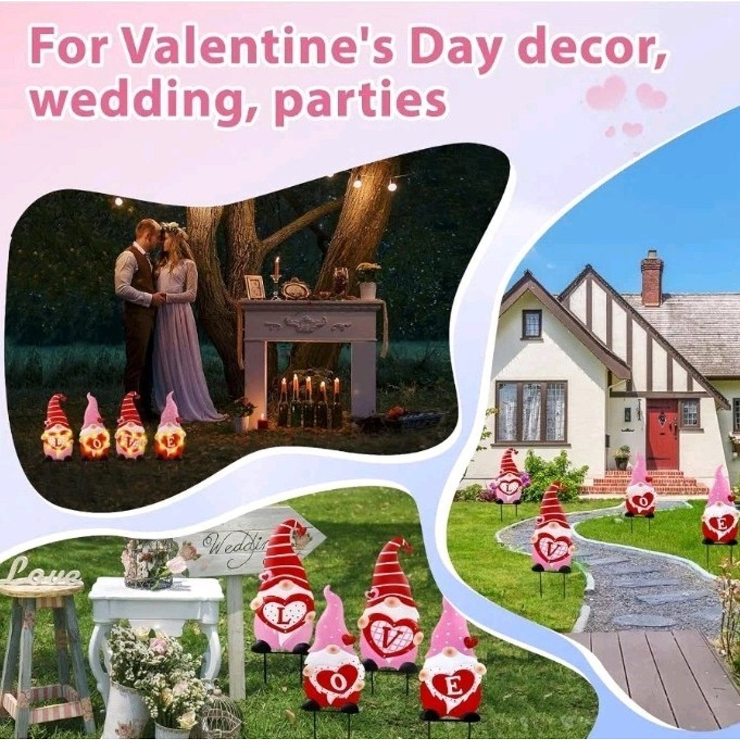 4 Piece Valentine Wedding Party Gnome Yard Metal Lawn Stakes 25"