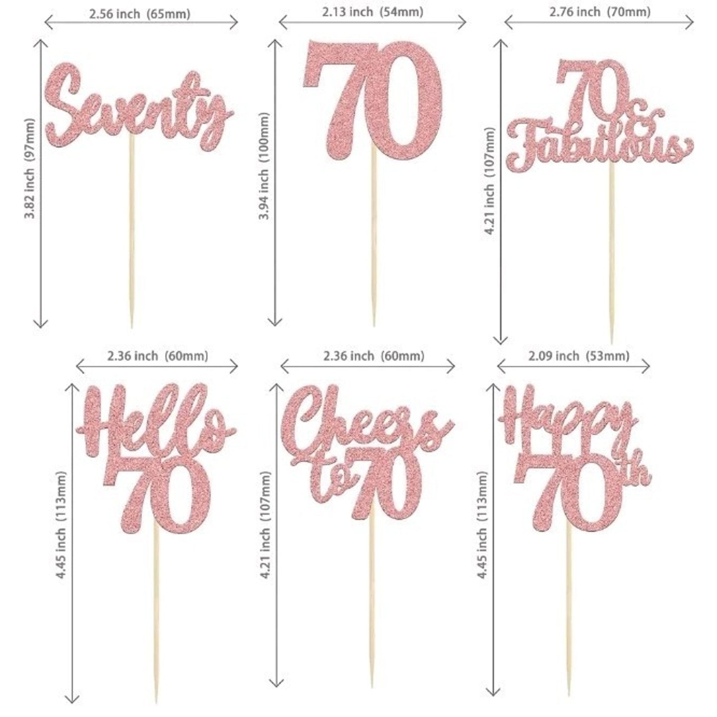 36 Pack 70th Birthday Cupcake Toppers Glitter 3 Colors Available Rose Gold