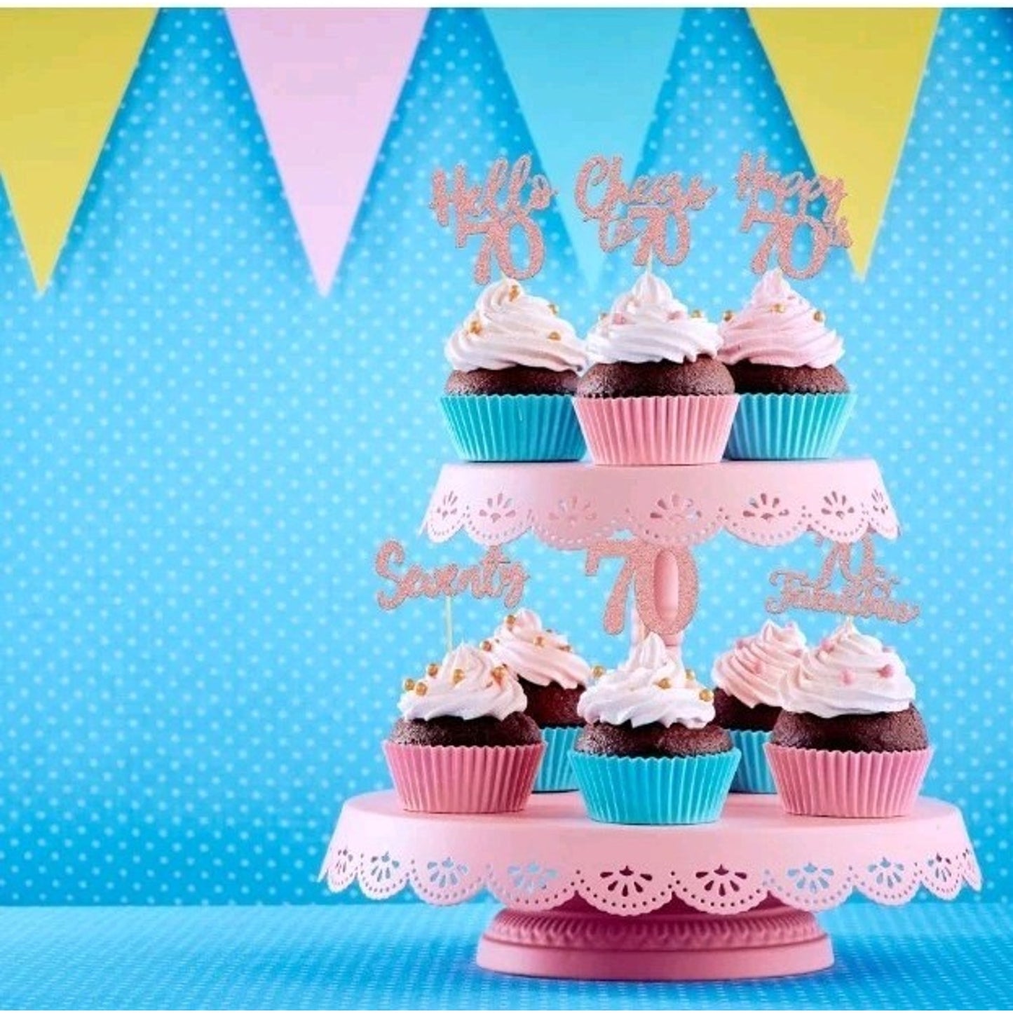 36 Pack 70th Birthday Cupcake Toppers Glitter 3 Colors Available Rose Gold