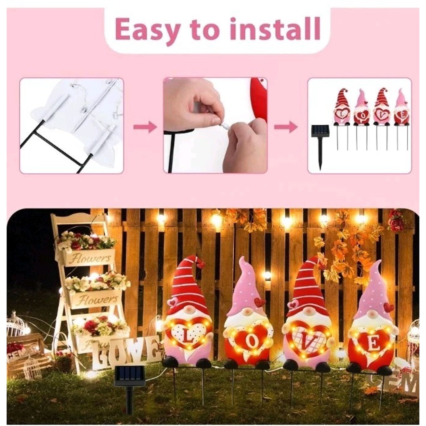 4 Piece Valentine Wedding Party Gnome Yard Metal Lawn Stakes 25"