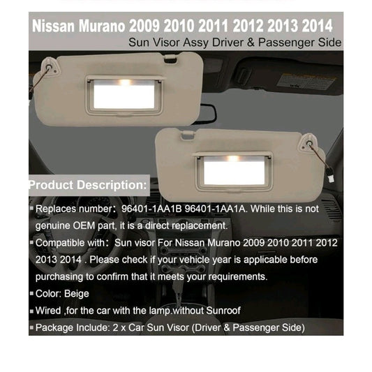 Beige Driver & Passenger Side Visor Compatible with Nissan Murano 2009-2014