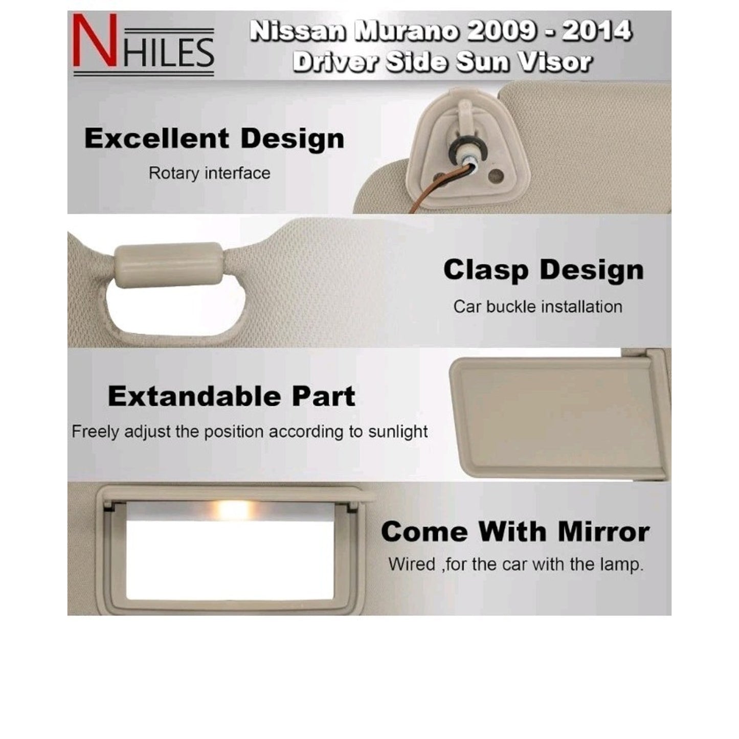 Beige Driver & Passenger Side Visor Compatible with Nissan Murano 2009-2014