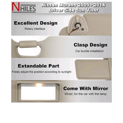 Beige Driver & Passenger Side Visor Compatible with Nissan Murano 2009-2014